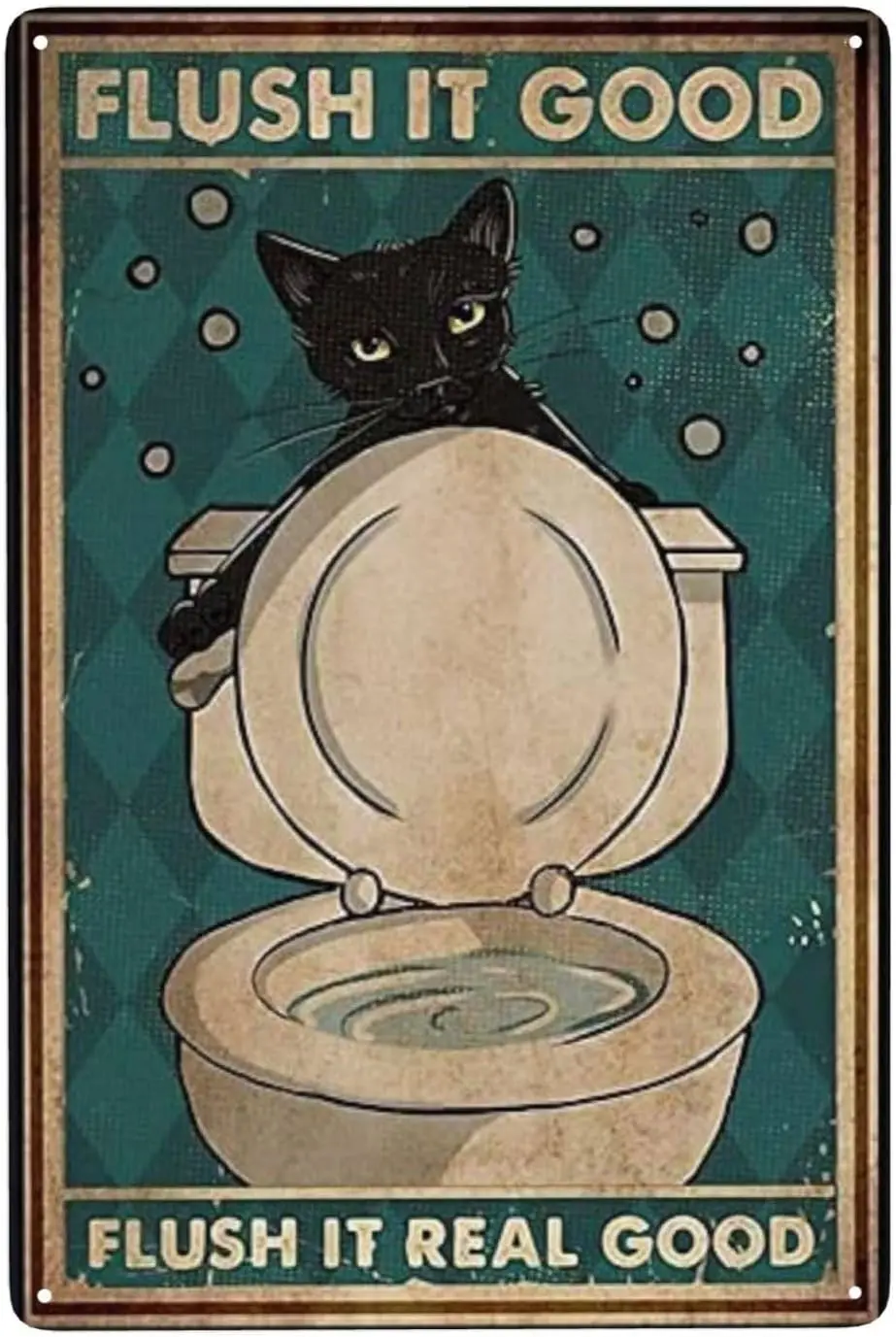 Art Farmhouse Signs Flush It Good Flush It Real Good Funny Bathroom Black Cat Tin Sign Bathroom Wall Black Cat Print Metal Sign 