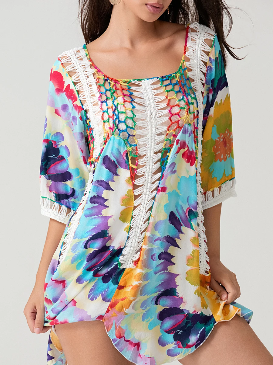 Vrouwen Strand Cover Up Kleurrijke Print Uitgehold Zomer Badpak Coverup Gehaakt Badpak Cover Ups Jurken