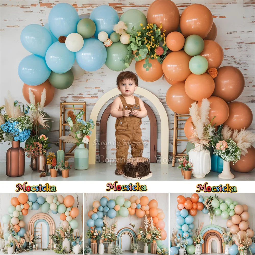 

Baby 1st Birthday Boho Photography Background Arched Rainbow Balloon Wall Backdrop Pampas Grass Green Leaves Photo Studio Prop