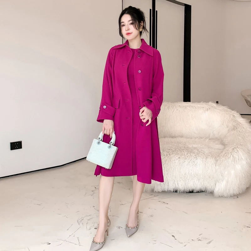 

Retro Wealth Flower Red Woolen Coat Dress Women's Fashion Set Vintage Style Mid-Length Slim-Fit Spring-Autumn Seasonal Wear