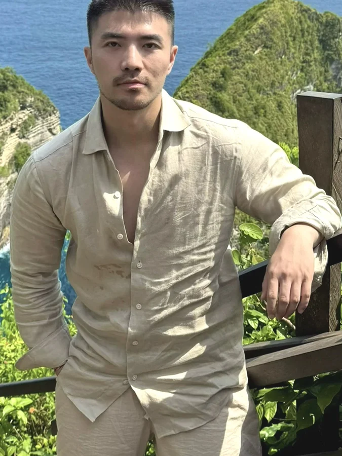 

Men's Slim Fit Linen Cotton Casual Shirt Thin Breathable Long Sleeve Sun Protection Fashionable Island Vacation Style