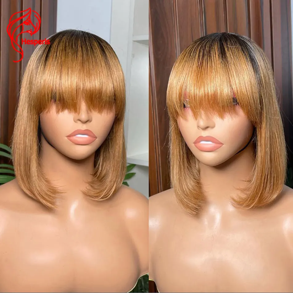 Hesperis Ombre Honey Blonde Short Bob Full Machine Made Wigs For Women #27 Human Hair Scalp Top Straight Cut Blonde Ombre Wigs