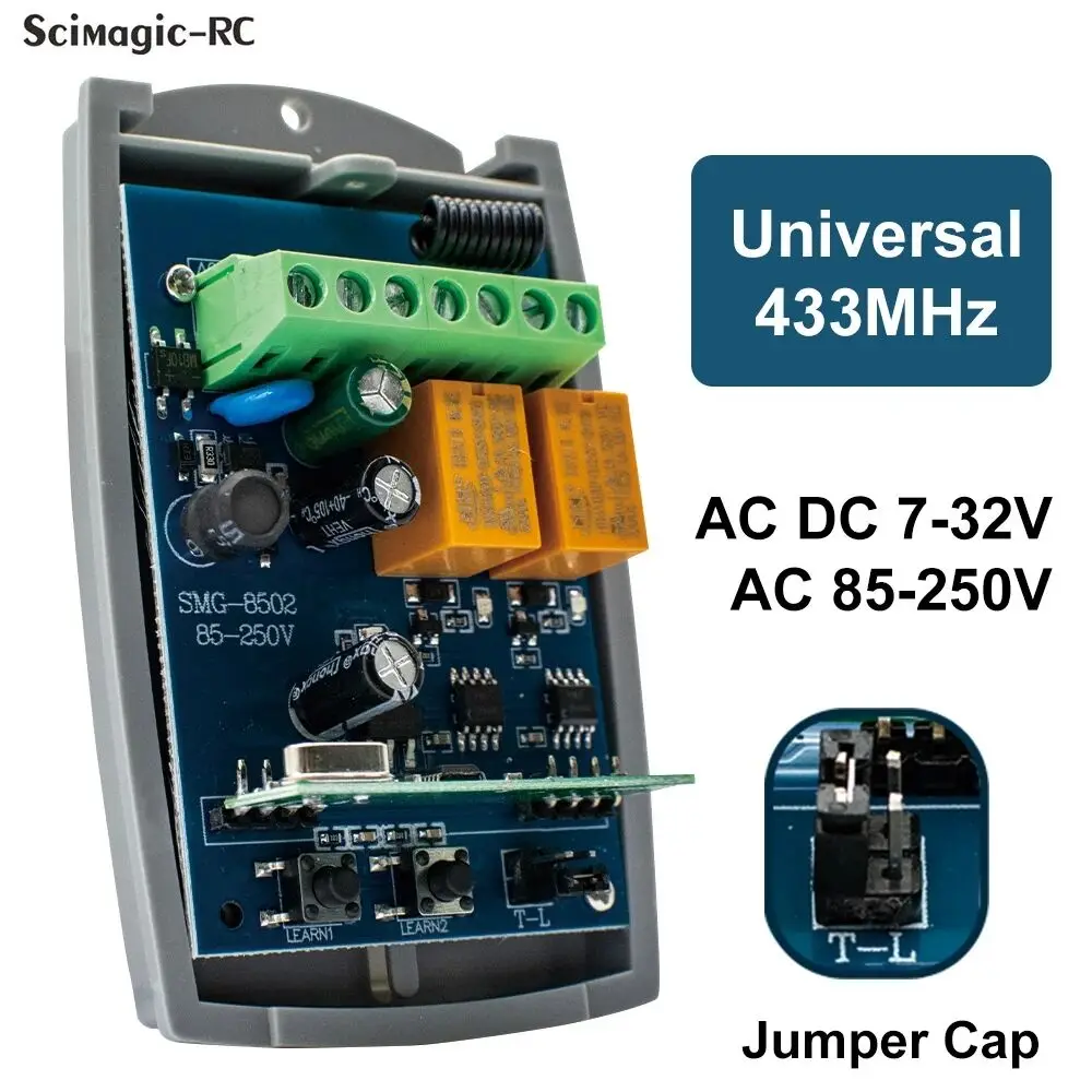 433.92MHz uniwersalny odbiornik zdalnego sterowania do drzwi garażowych AC DC 7-32V 85-250V moduł przełączający 2CH 433 Rolling Code chwilowy przełącznik