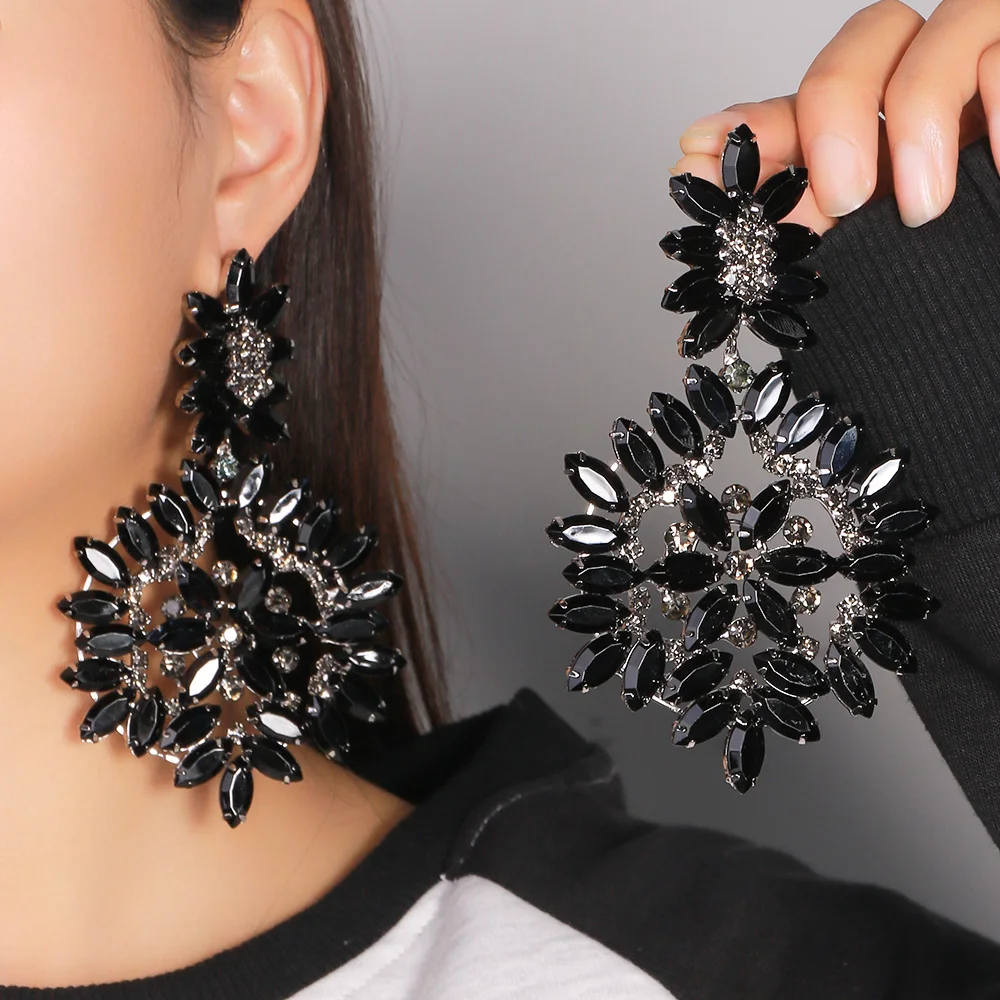 Black Exaggerated Flower Earrings Hollow Banquet Ear Accessories Elegant Women Large Rhinestone Hanging Earrings Christmas Gift