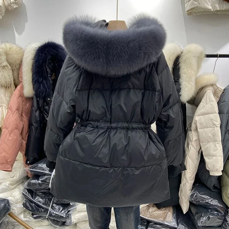 2025 Winter Women\'s Down Jackets Ultra Light Warm Coat Female Jacket Woman With a Belt Hooded Parka Big Fur Collar Overcoat