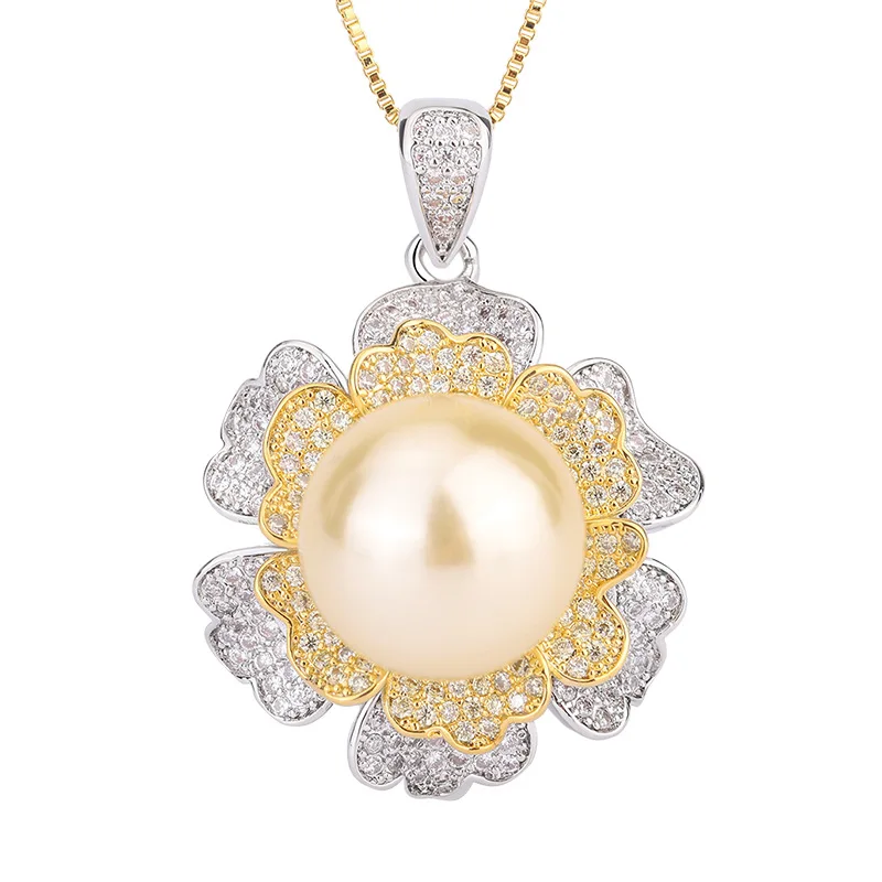 Jewelry Inlaid with Fritillaria Pearls Gold-Plated Color-Block Diamond-Encrusted Floral Women's Pendant Necklace 14mm