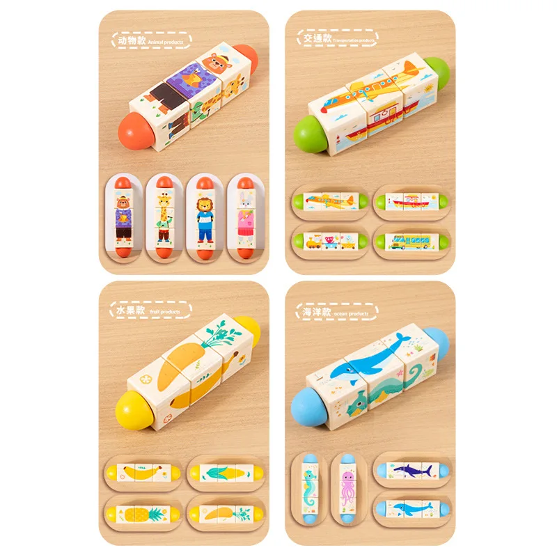 Blocchi puzzle rotanti in legno 3D Trasporto di animali Frutta Puzzle Giocattolo Educazione precoce per bambini per divertimento cognitivo del colore della forma