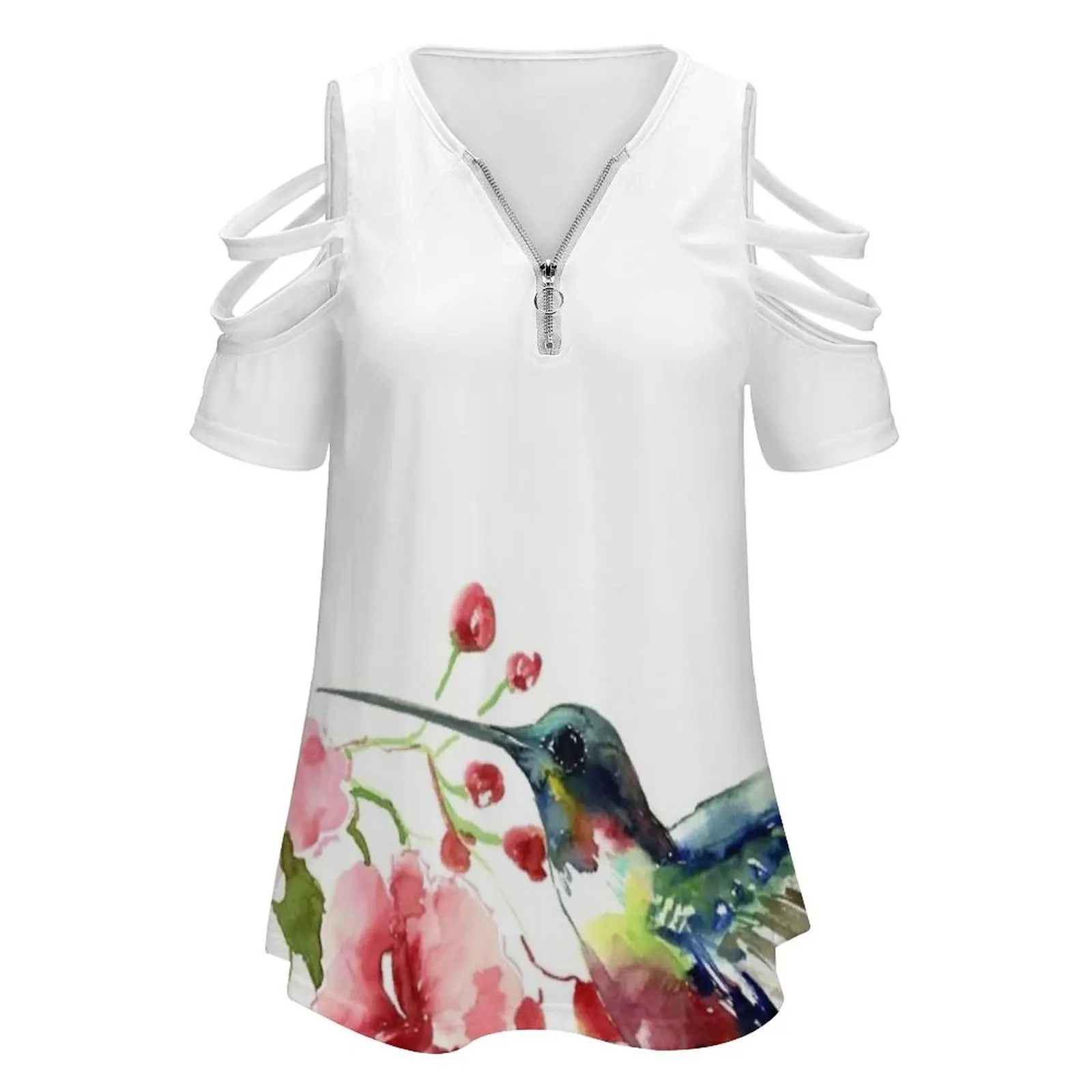 Hummingbird And Flowers New Fashion Zip Off Shoulder Top Short-Sleeve Women Shirt Hummingbird Hummingbirds Hummingbird Art