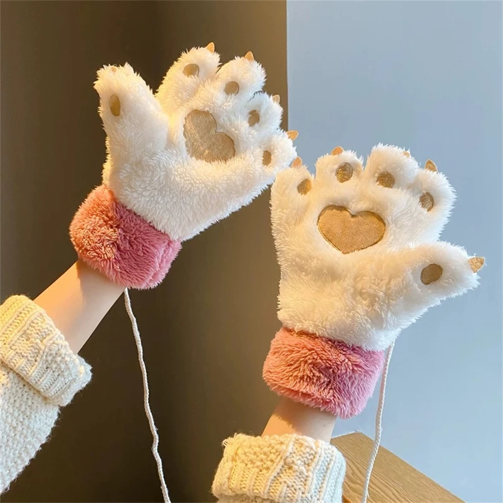 Winter Warm Soft Cartoon Cat Claw Gloves Women Hanging Neck Riding Thickened Cute Sweet Fluffy Bear Paw Full Finger Gloves Gift