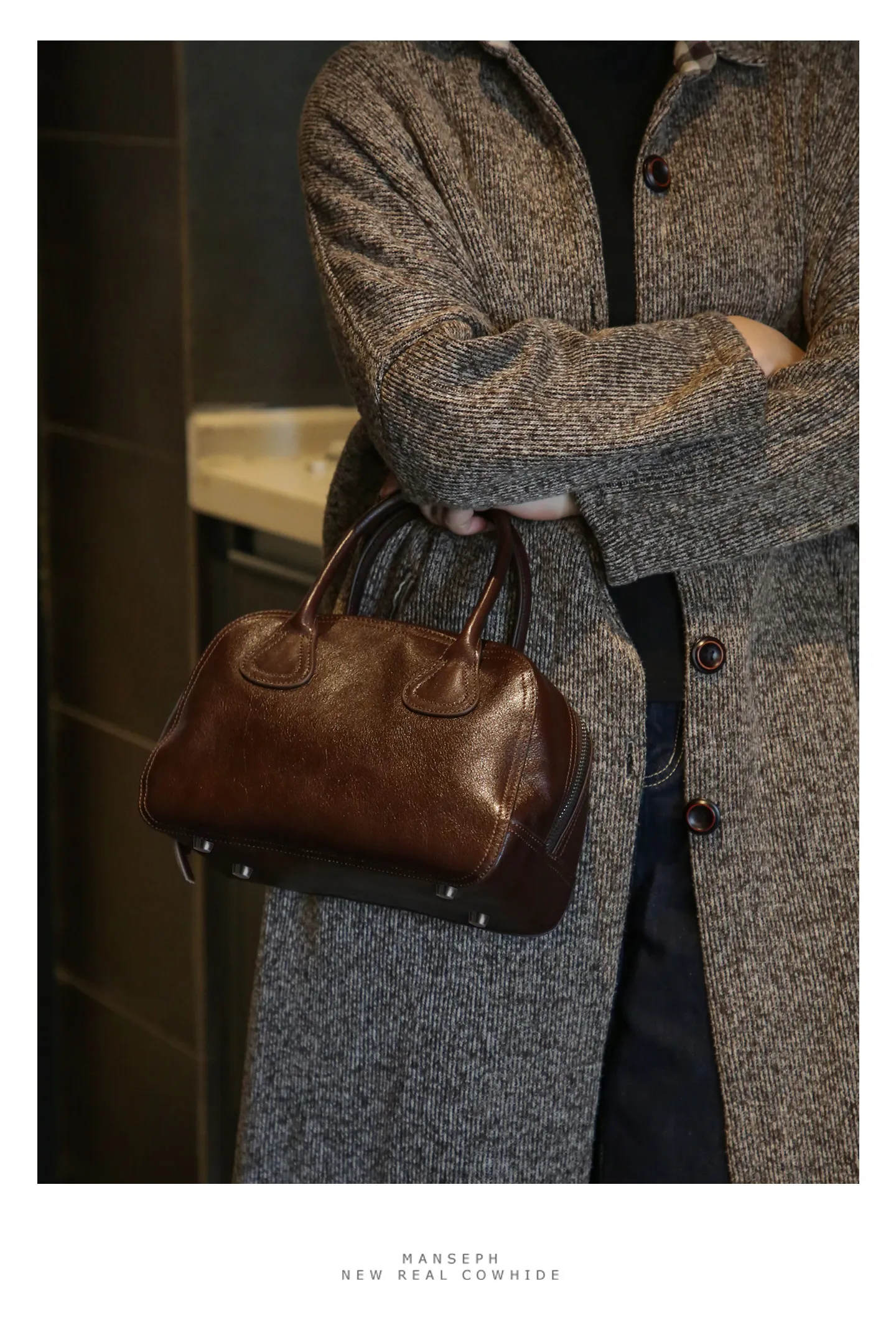PNDME Vintage handgefertigte, pflanzlich gegerbte Rindsleder-Damenhandtasche, modische Designer-Luxus-Umhängetasche aus echtem Leder. – Detail 1