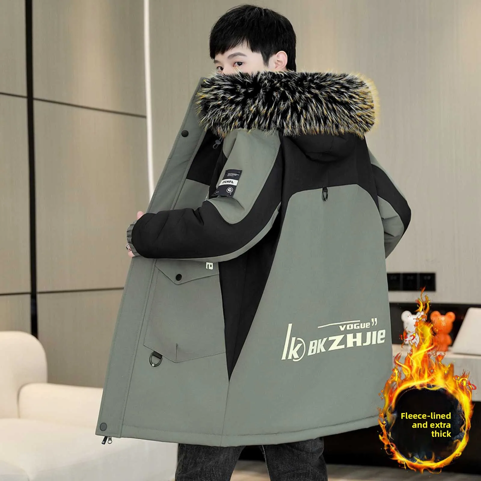 

Зимняя молодежная куртка Jaet Thiened Fce с подкладкой, большим меховым воротником, средней длины, хлопковая верхняя одежда, модная, теплая, трендовая для мужчин