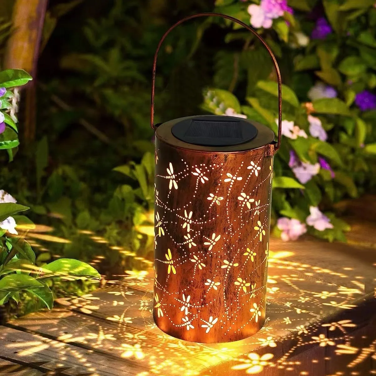 

Solar dragonfly light outdoor waterproof garden decoration wrought iron cylindrical hollowed lantern landscape hanging light