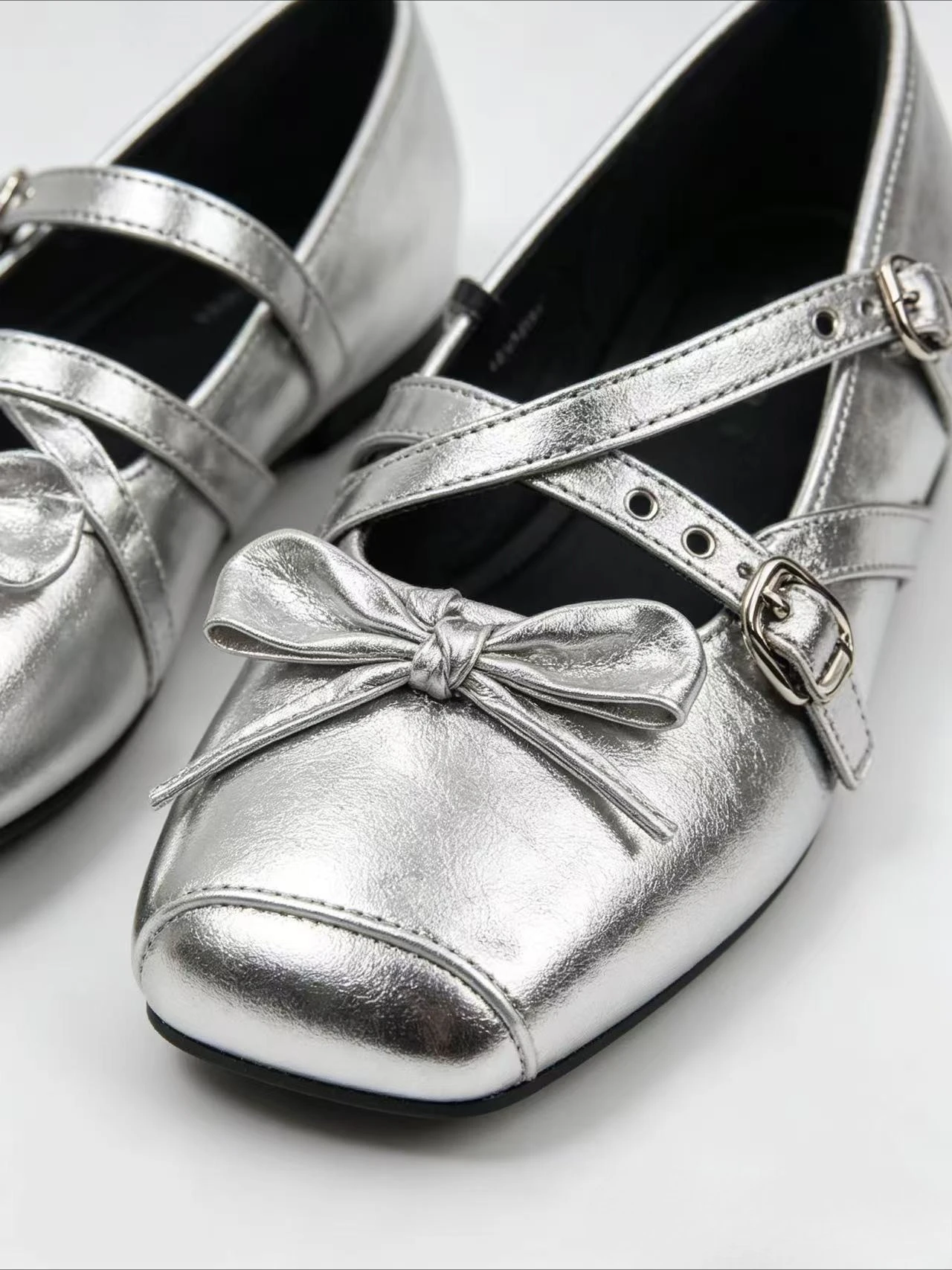 Mary Jane flats square head bow decorative cross buckle design ballet flats soft leather women's daily casual dress shoes