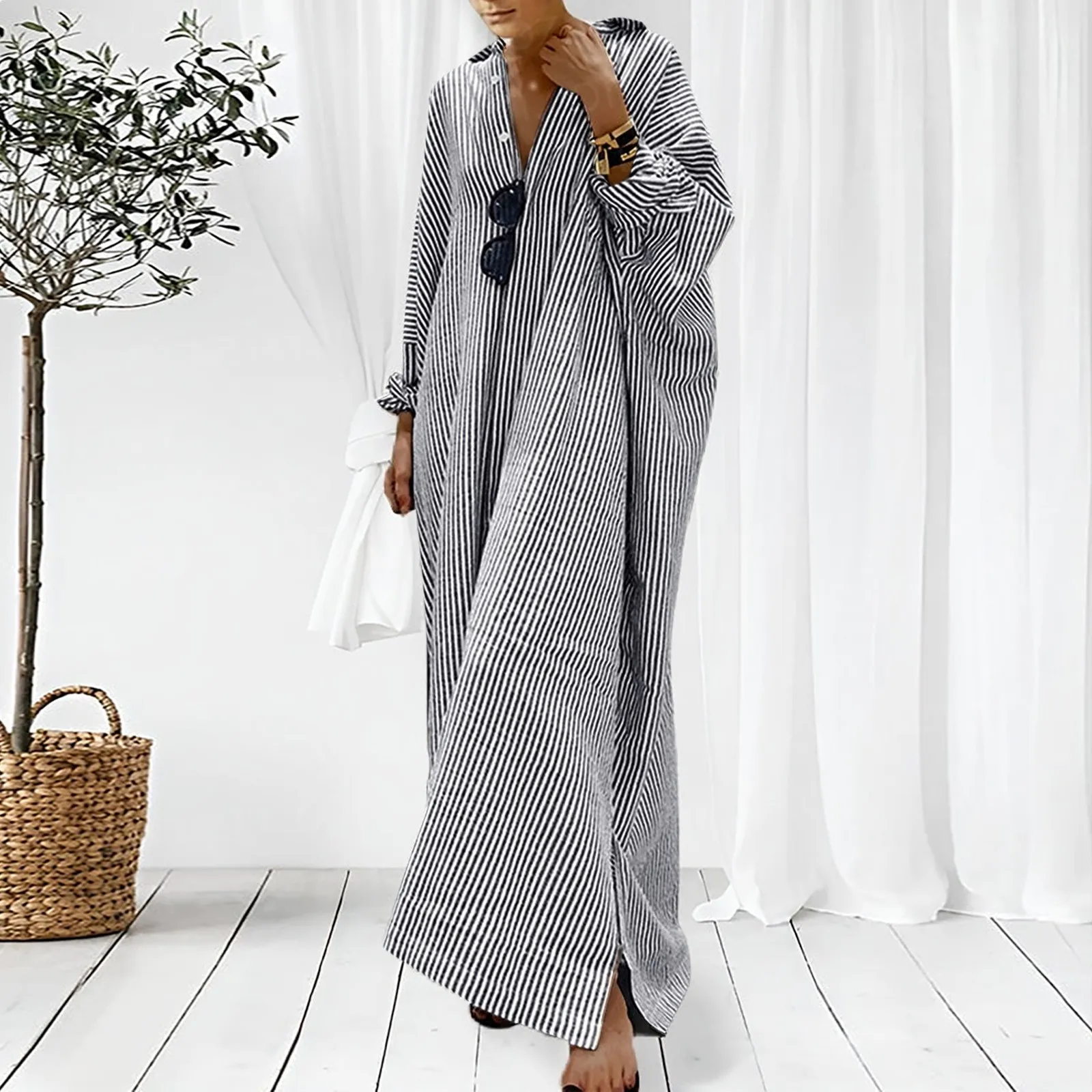 

Summer Dress Elegant Casual Outfits Loose Maxi Stripe Cotton Linen Shirt Fashion Maxi Vacation Women Long Dresses Vestidos