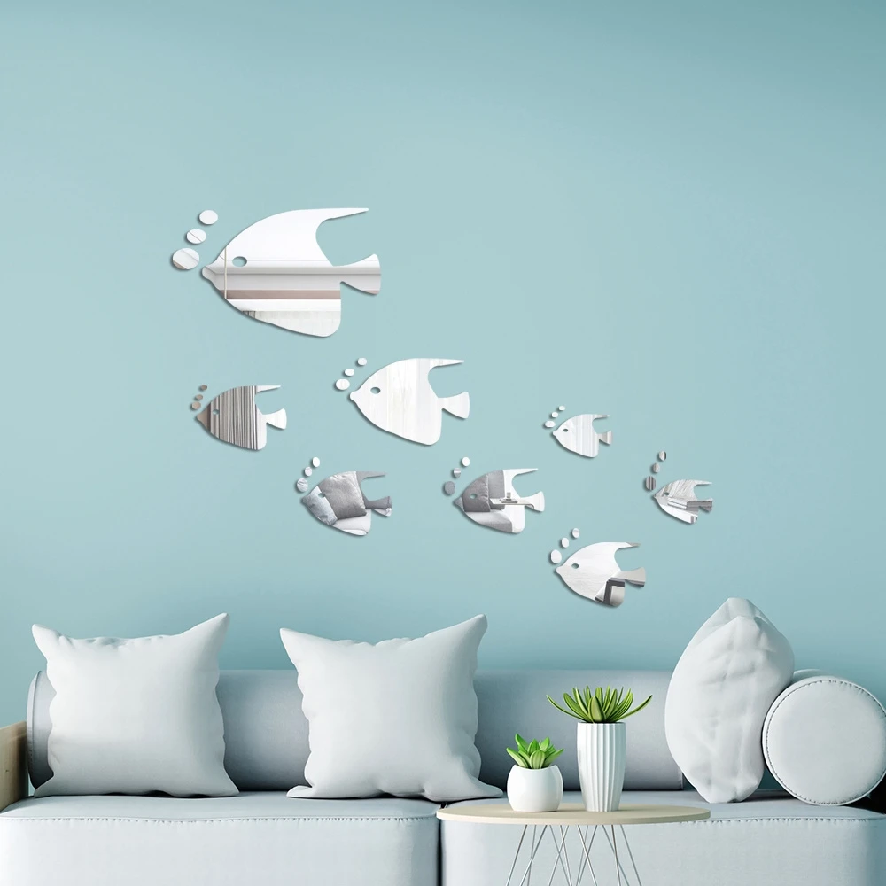 8Pcs Fish-Shaped Acrylic Mirror Stickers Ocean Theme Kids Room Decor Fun Colorful Wall Decorations Transform Your Home