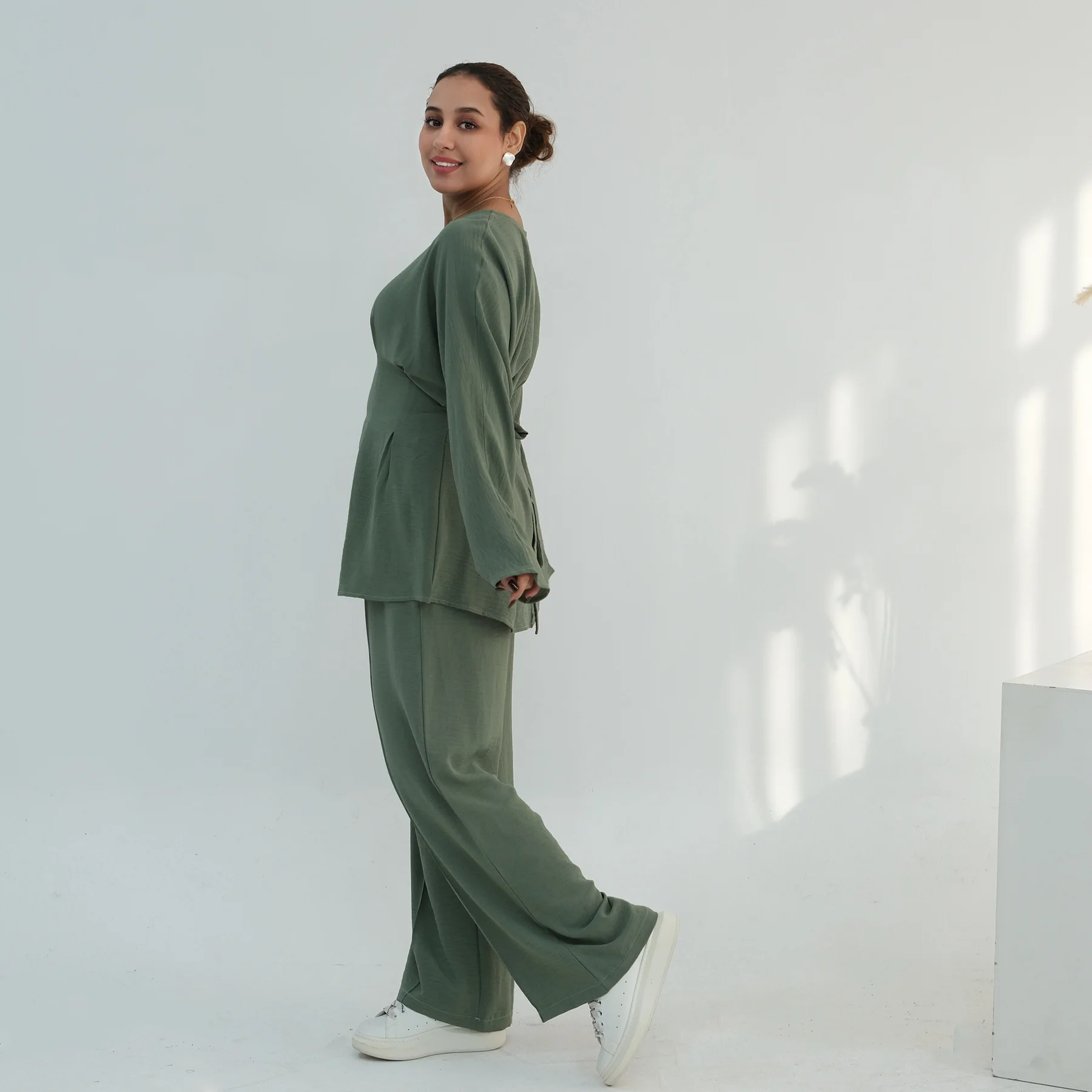 Muslim Women Matching Set Pleated Long Sleeve Solid Color Tops High Waist Loose Pant Suit Turkey Casual Tracksuit Kaftan Outfit