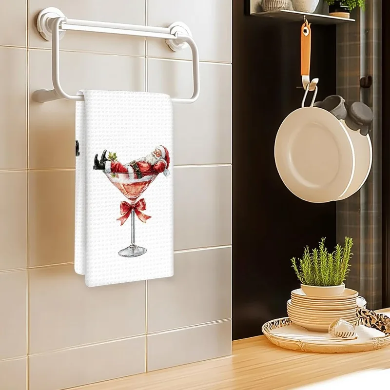 2 Humorous Santa Claus Lying in a Wine Glass Kitchen Towels, Santa Claus Cocktail Hand Towels, Gifts for Martini Enthusiasts, Stylish Santa Claus Christmas Napkins and Tea Towels, for Kitchen and Home Bar Cart Decorati