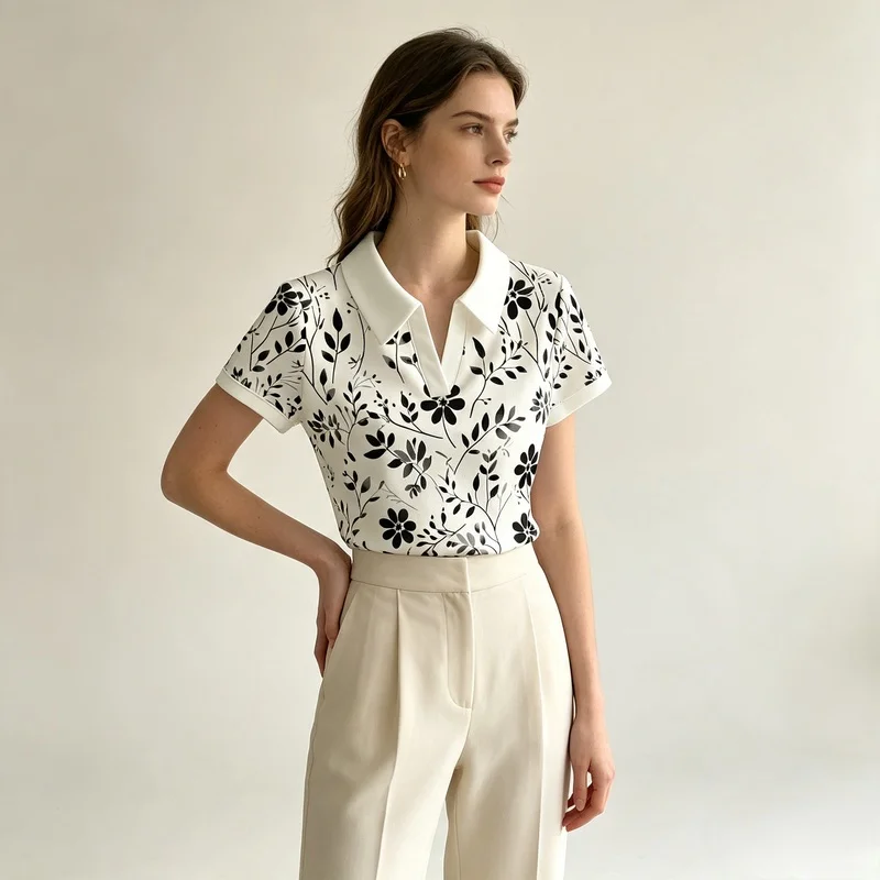 2026Women's fashionable and versatile buttonless design Polo Shirt，White monochrome photography monochrome black ，Fashion