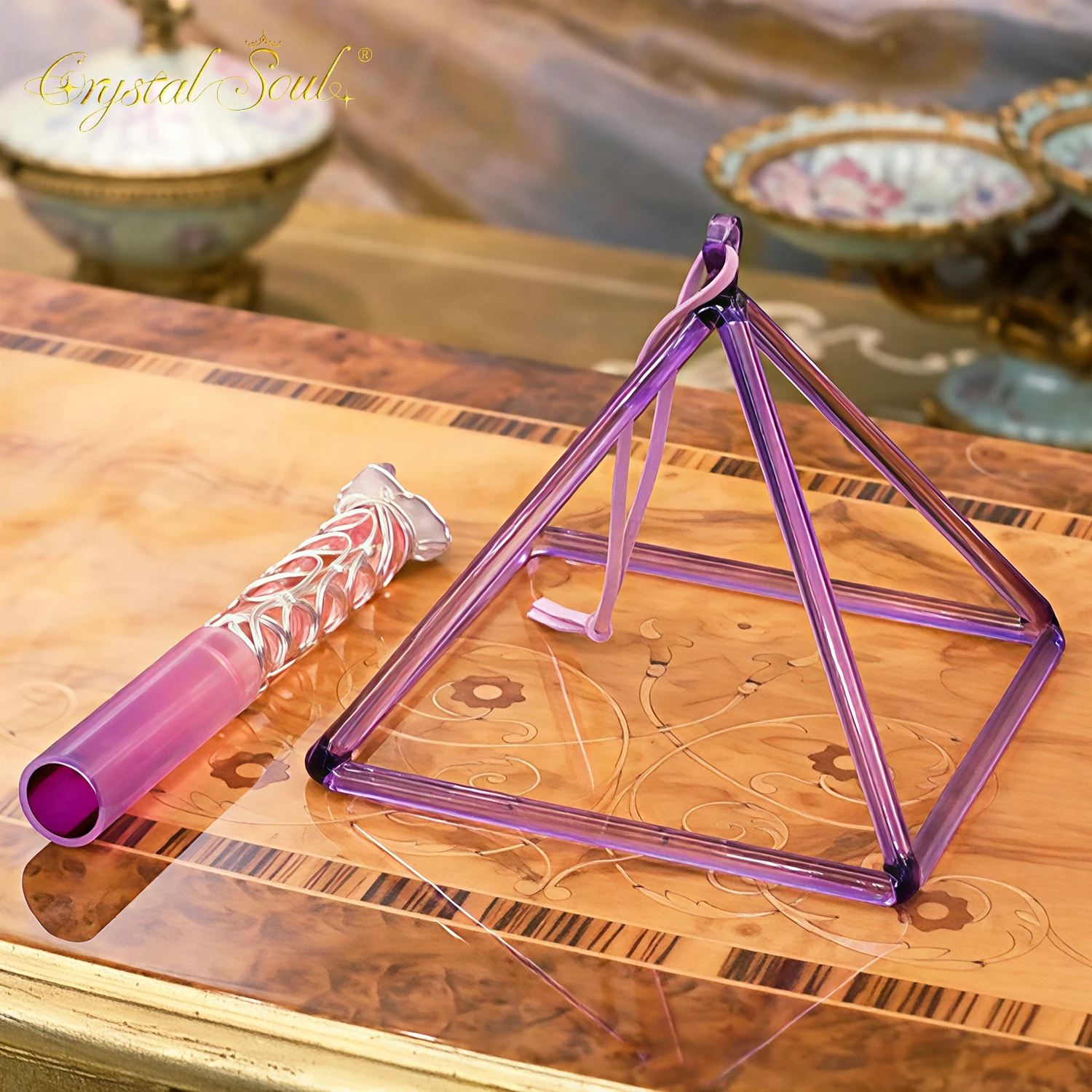 Tibetan Singing Bowl - Purple Crystal Pyramid with accessories and
