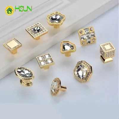 2Pcs Diamond handle single hole golden style modern contracted Hollywood wardrobe door drawer shoe cabinet crystal handle