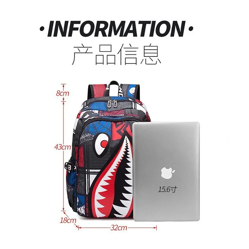 Fashion Trend Anime Backpack Men Students Schoolbag Spider Sharks Print Simple Personality Junior Bagpacks Laptop Bag Rucksack