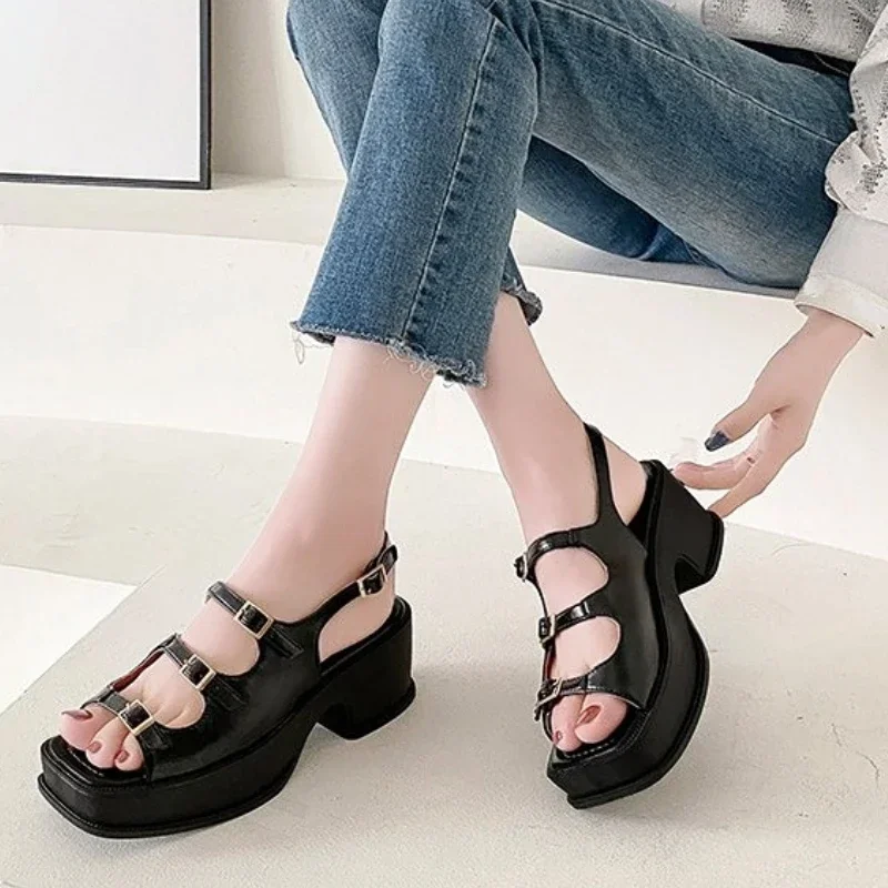 2024 New Platform Sandals Ladies High Heels Summer women sandals Wedge Sandals Open Toe Shallow Solid Color Buckle Casual