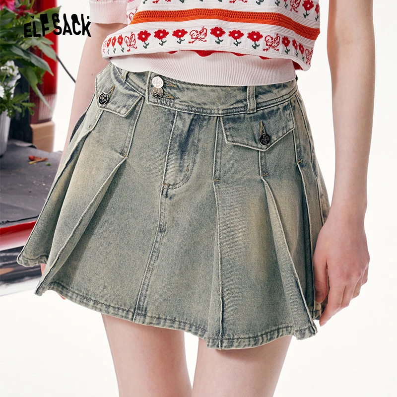 ELFSACK Vintage Washed Denim Mini Skirt, High Waist Pleated A-Line Jean Skirt , Casual Retro Summer Short Skirt