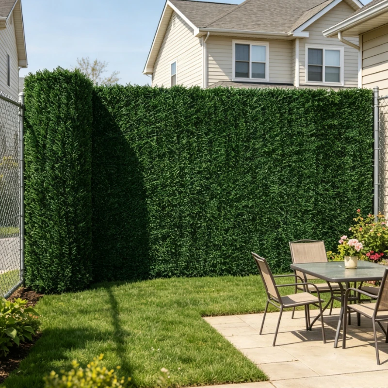 Panneau de clôture en gazon artificiel vert foncé, base en treillis métallique en acier recouvert de PVC, structure de verdure dense réaliste, taille standard 1x3m, fonction de occultation totale, écran décoratif pour jardin extérieur, terrasse et rénovation paysagère de balcon résidentiel