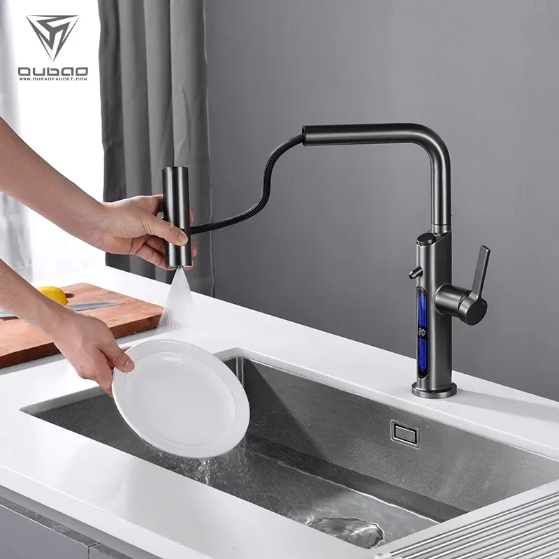 

New type of hot and cold faucet with a pull-out waterfall nozzle and LED digital display screen