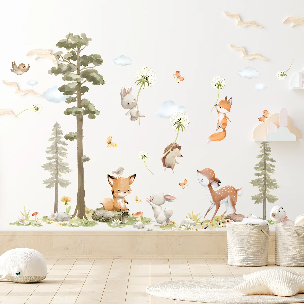 1Pcs Cartoon forest tree cute little animal dandelion self-adhesive wall stickers children's room decoration stickers