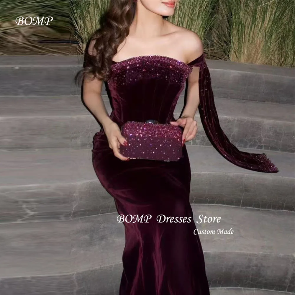 BOMP Sexy Off Shoulder Formal Evening Dresses Shiny Beads Velvet Wine Red Prom Gowns Plus Size Wedding Guest Party Customized