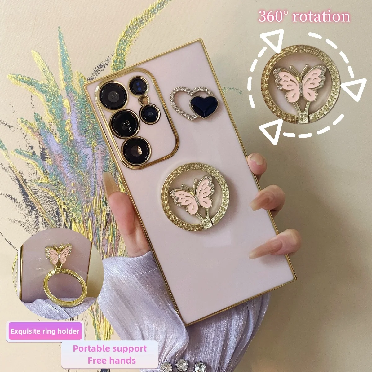 Anti-fall Gold Border Butterfly Ring Stand With Love Phone CaseFor Samsung S20 S21 S22 S23 S24 Plus FE Ultra Note20Ultra