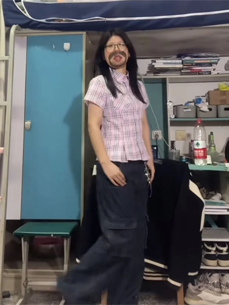 Pure Desire Ragazza sexy che impiegano la vita Plaid rosa ort Sve irt Top casual slim fit da donna coreano Sle Pendolarismo Vento