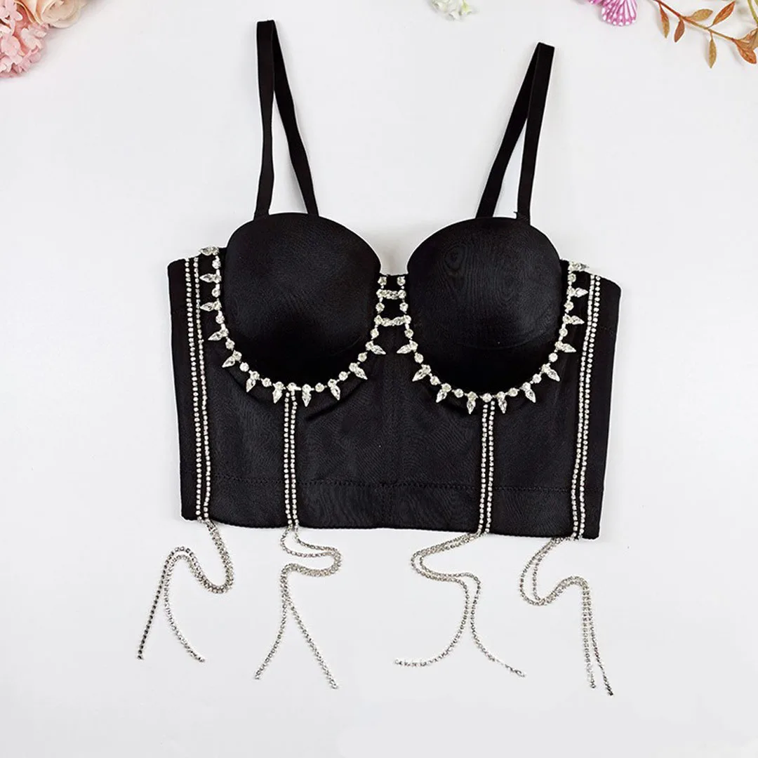 European And American Hip Hop Style Belly Dance Performance Suspender Tube Top Nightclub Sexy Body Sculpting Fringed Rhinestone