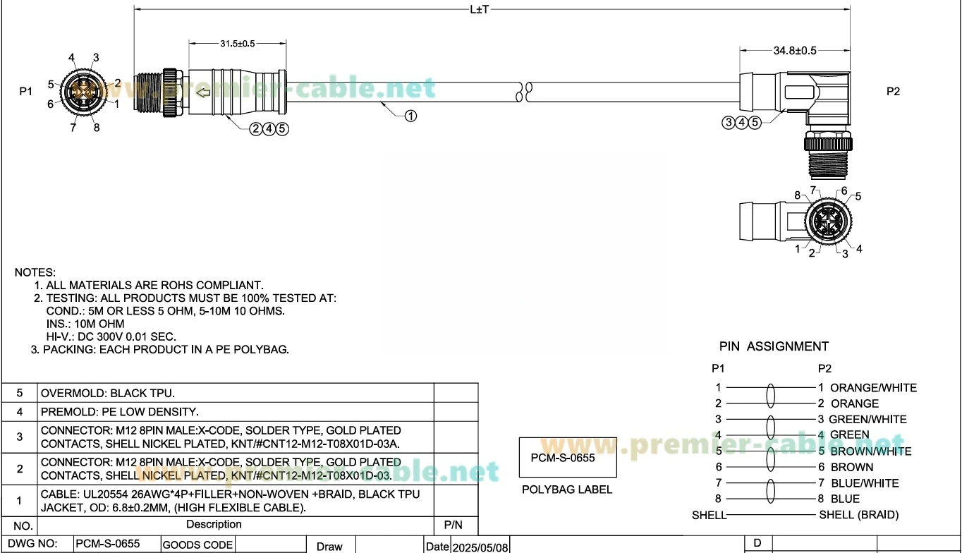 Rechtwinkliges M12 8-Pin X-Coded Stecker-zu-Stecker GigE Vision Kabel IP67 10G Cat6A Ethernet High Flex für Cognex Basler Keyence Kamera – Detail 1