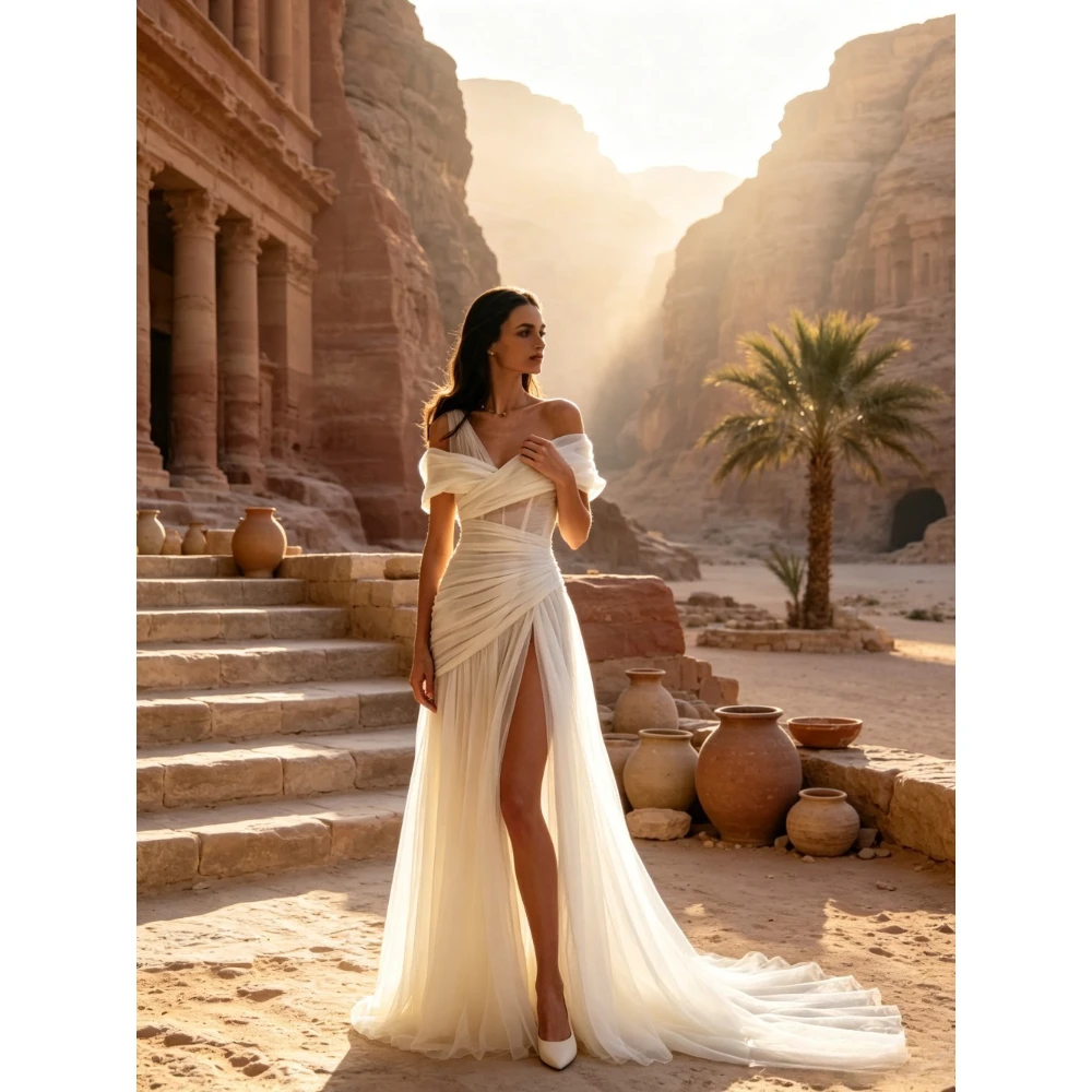 Customized Off Shoulder Chiffon Evening Dress 2026 A Drape and High Seam Waist Cinching Elegant Ball Gown Suitable for Weddings