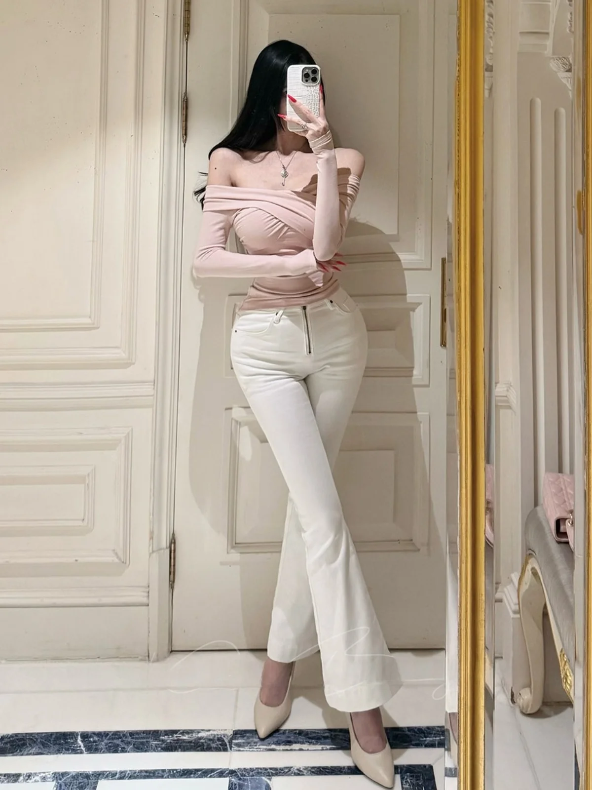

High Waist Flared Denim Jeans Women's Elastic Slimming White Floor-Length Pants Korean Style Cotton Stretch Denim