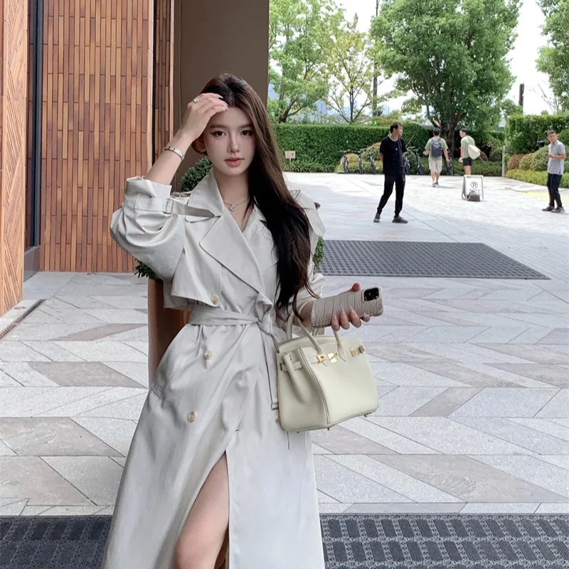 Autumn Winter Long Classic Outerwear Women's Faion Loose Briti Sle Coat  Knot Korean Version Polyester Fabric