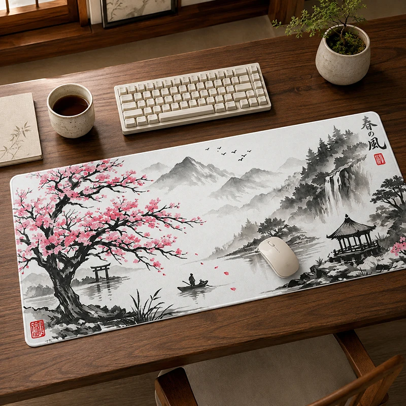 Mouse Pad Sakura Temple Ink Landscape Gaming printon demand Mousepad XXL Mechanical Keyboard Pad Non-Slip Soft Carpet Mice Pad