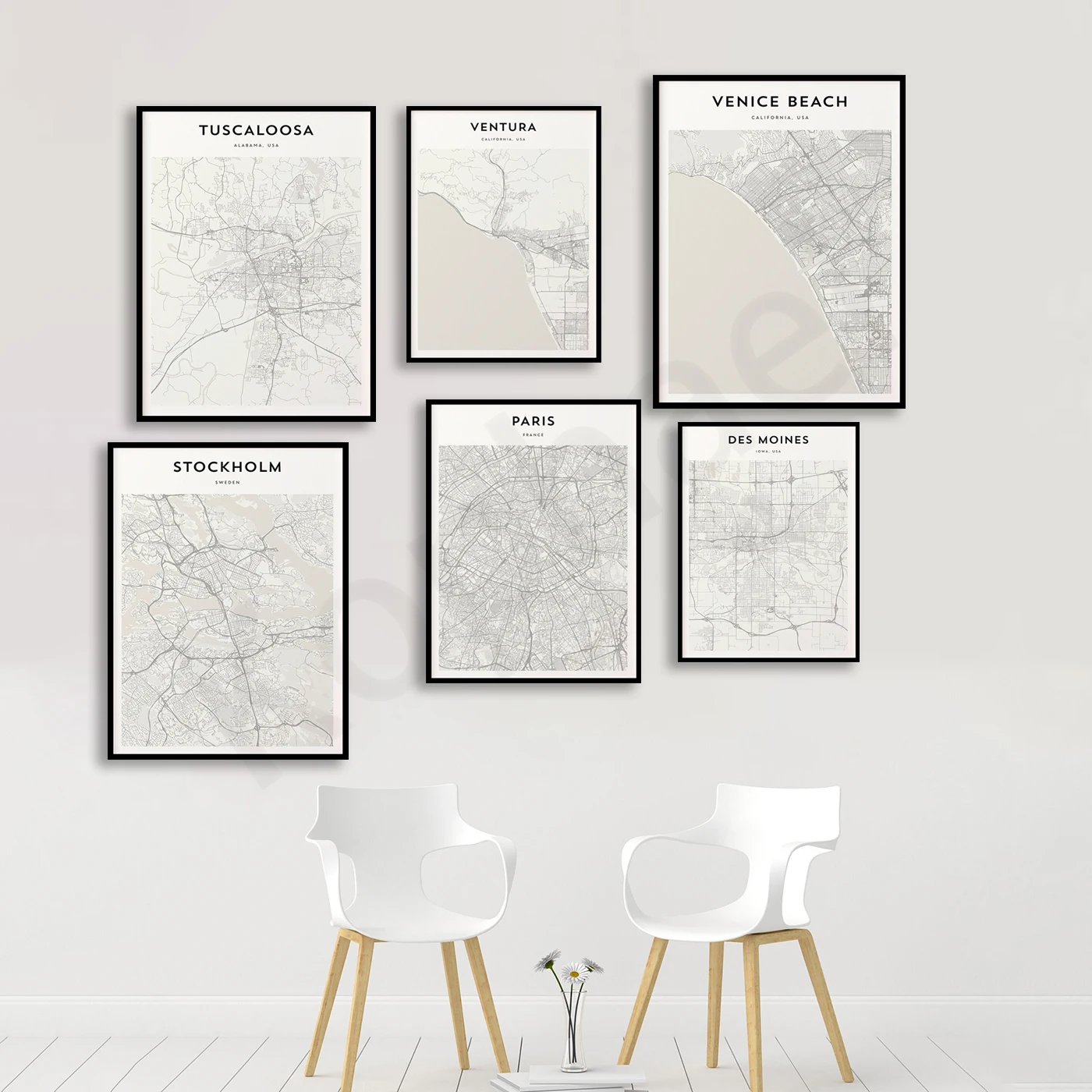 Des Moines Paris Estocolmo Minneapolis Santa Bárbara Williams Palma Oeste Washington Ventura Veneza Toscaloosa. Cartaz do mapa das cidades