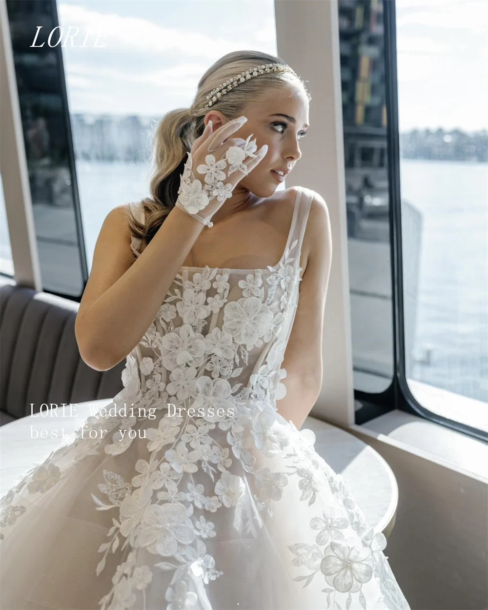 LORIE فاخر ثلاثية الأبعاد ألف خط فستان الزفاف ساحة طوق فساتين زفاف يزين أنيقة الدانتيل ثوب زفاف مخصص 2026 #2