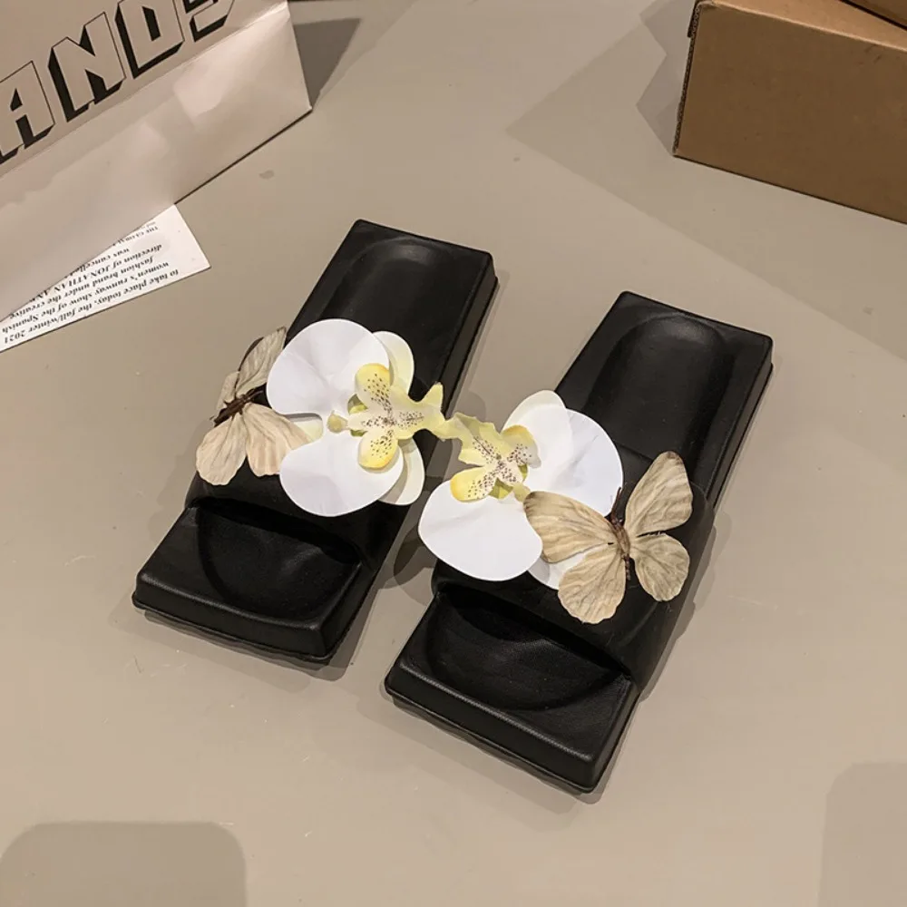 

Orchid Flower Butterfly Square Flats Slippers Butterfly Orchid Square Toe Slippers for Women Moth Orchid Sweet Slides Sandals