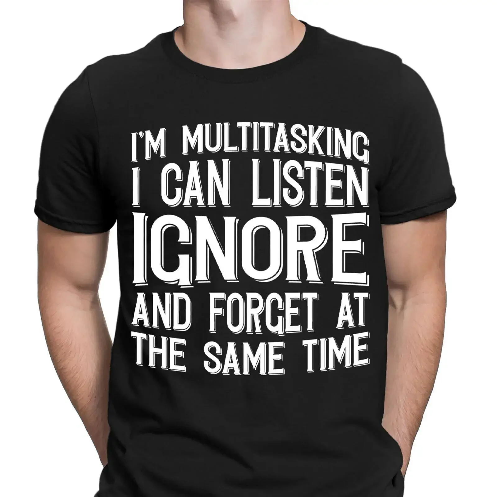 T-shirt pour homme DNE vintage, motif graphique délavé, polyvalent, avec l'inscription 'Je suis multitâche, écoutez, oubliez, rigolez, blague, nouveauté'.