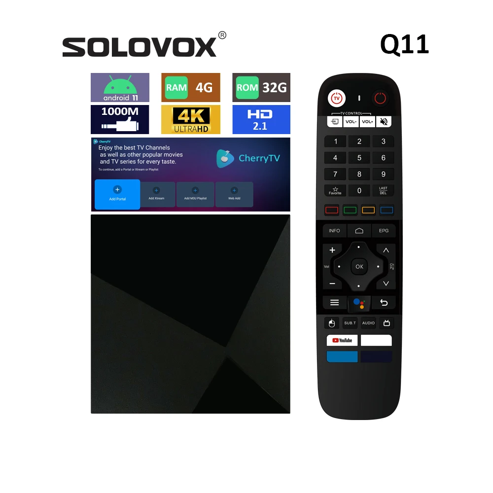 SOLOVOX 2024 Q11 CherryTV Live Android 11 TV BOX 4G 32G S905X4 رباعي النواة WiFi 5G 1000M Network OTT Streamer Stalkerid 8K فك