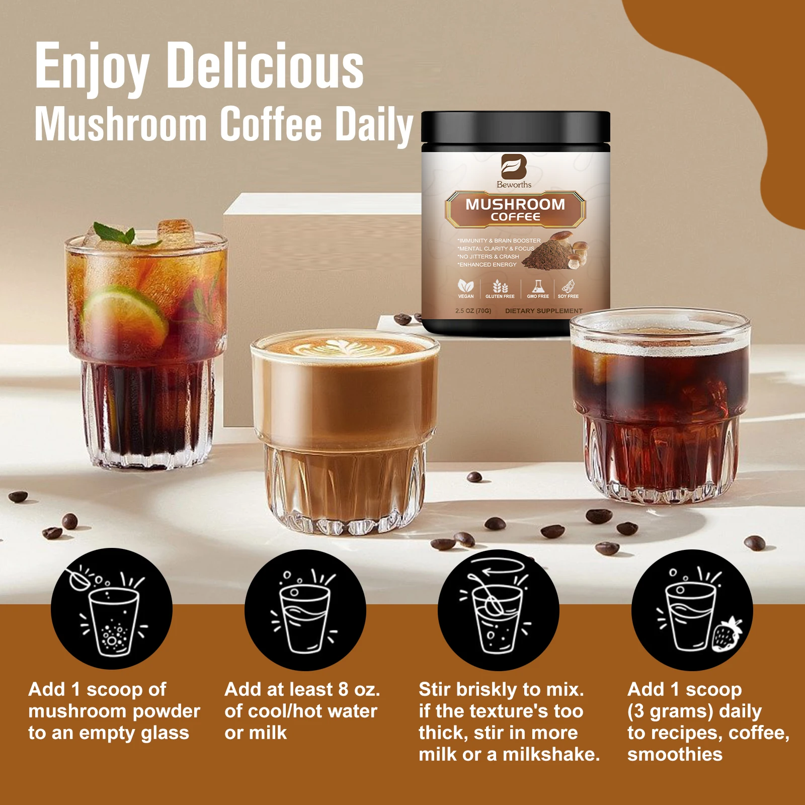 Beworths Reishi Mushroom Coffee Boost Brain Memory and Cognitive Clarity Immune System & Digestion Health Energy Supplement