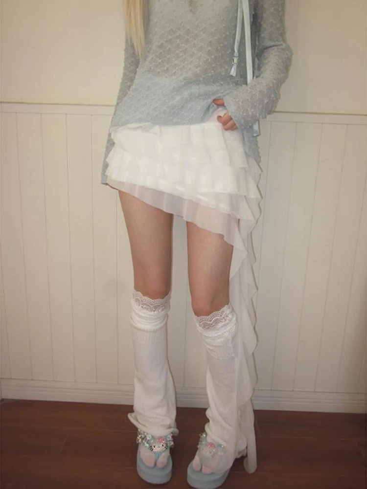 

Cute Sheer Layer Mini Skirt Women High Waist Multi Ruffle Hem Irregular Long Drape Ribbon Y2K Slim Party Dance Short Skirt