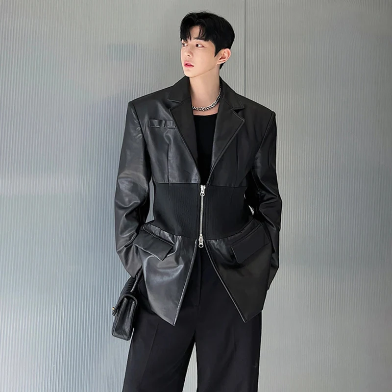 LUZHEN New Trendy Men\'s Knitted Splicing Design Leather Blazers Coat Double Zipper Shoulder Pad Suit Jacket High Street 9fa8a4