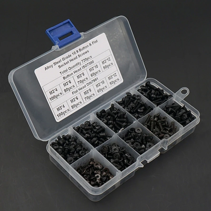 720pcs M3 Carbon Steel Black Round Head Screw and Countersunk Head Flat Head Bolt Set Hex Hexagon Socket Screw Assortment Kit