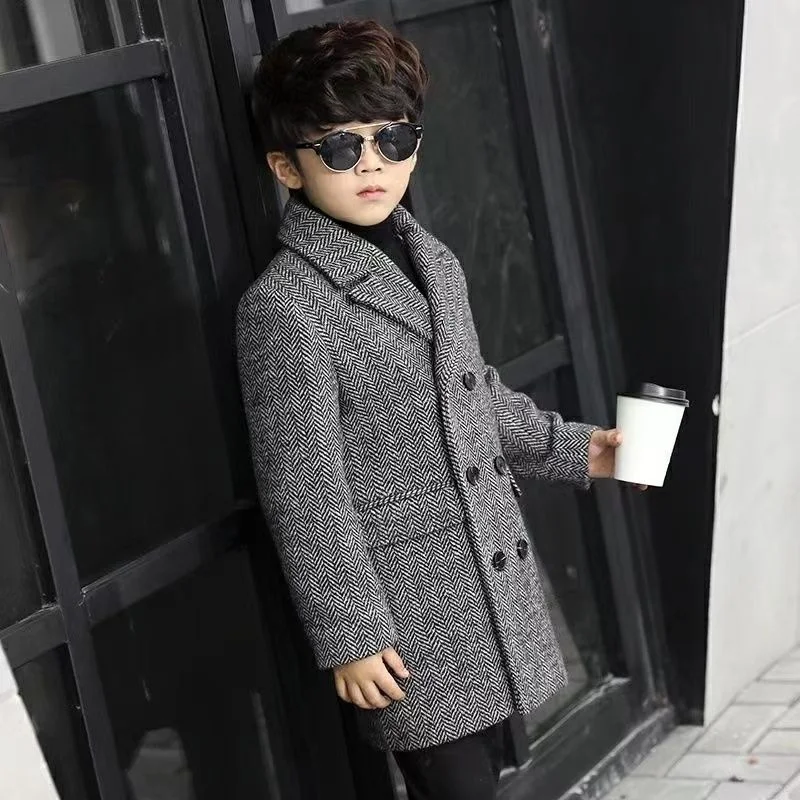 Boys Woolen Coat Overcoat Jacket Windbreak 2024 In Stock Warm Plus Thicken Autumn Winter Cotton Christmas Gift Children\'s Clothi