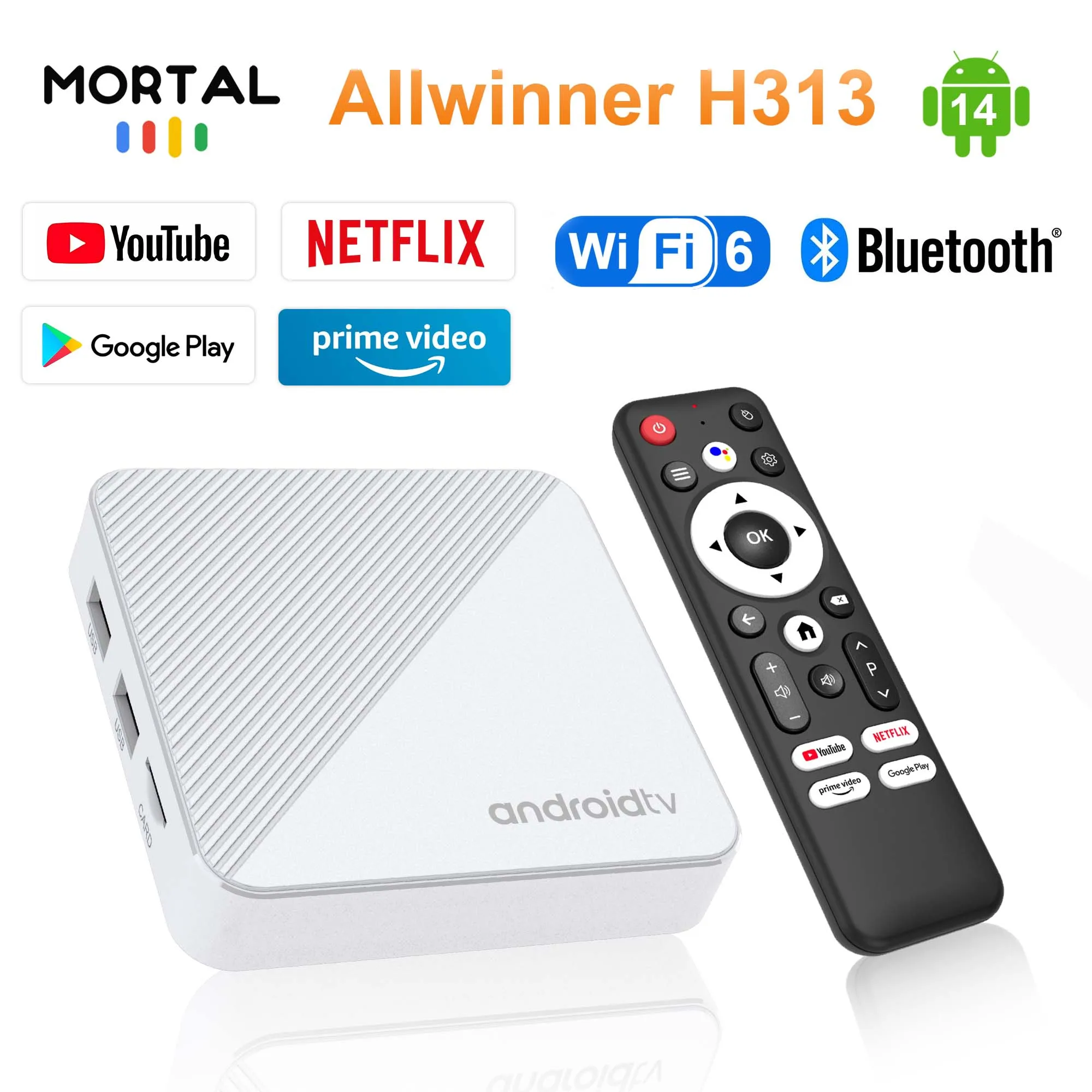 Mortal Smart TV Box Android14 T1X Google Voice NETFLIX Youtube Cortex A53 Support 4K HD WiFi 6 BT5 H313 Media Player Set Top Box